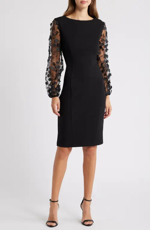 Connected Apparel Floral Mesh Sleeve Sheath Dress in Black at Nordstrom, Size 12 | Nordstrom