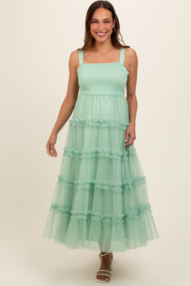 Mint Green Smocked Ruffle Tiered Tulle Maternity Midi Dress | PinkBlush Maternity