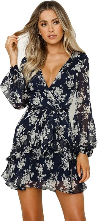 ROVLET Women's Sexy Floral Dress Long Sleeve V Neck Ruffle Boho A line Mini Dress Party Beach | Amazon (US)