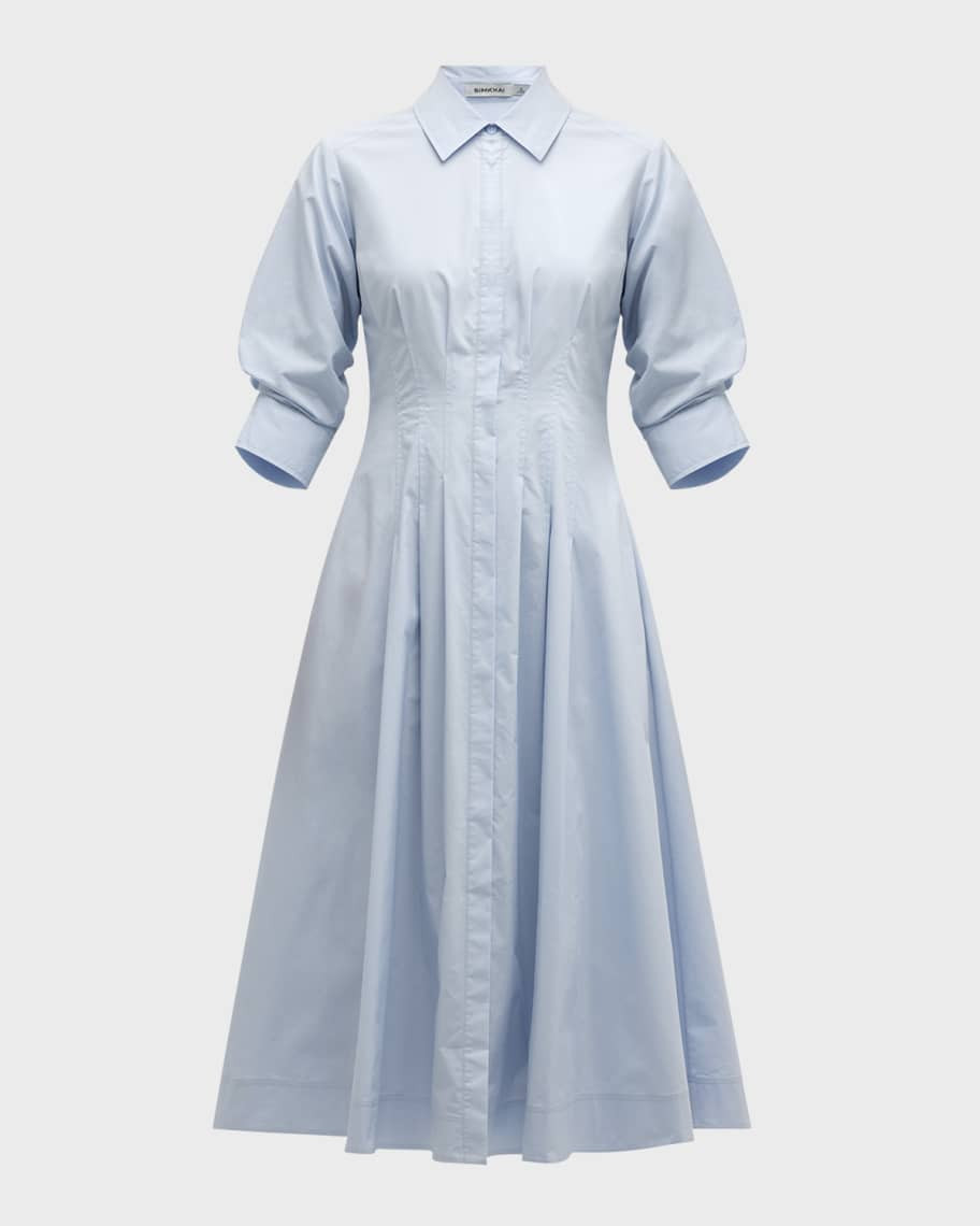 SIMKHAI Jazz Pintuck 3/4-Sleeve Midi Shirtdress | Neiman Marcus