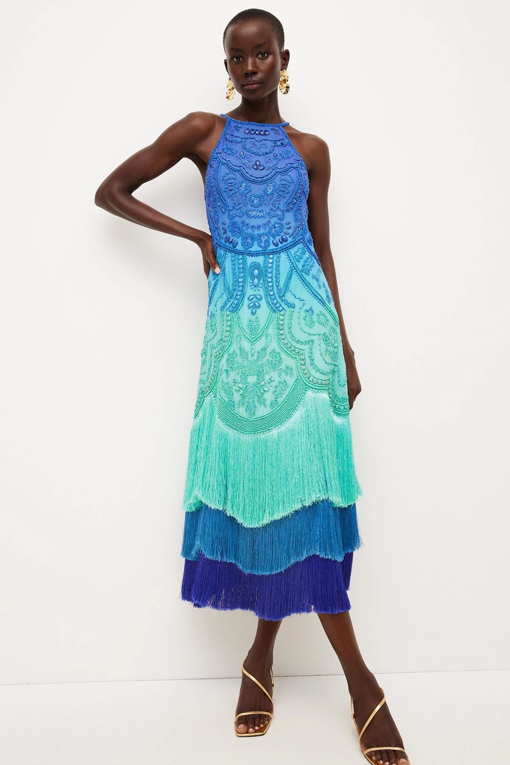 Ombre Fringe Strappy Beaded Maxi Dress | Karen Millen US
