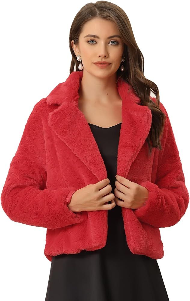 Allegra K Women's Cropped Jacket Notch Lapel Faux Fur Fluffy Coat | Amazon (US)