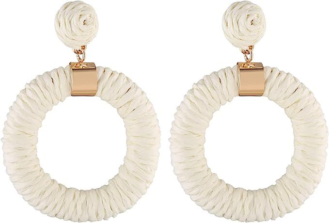 STWTR Women's Earrings Raffia Paper Rope Hand Braided Pendant Round Earrings Moon Shape Earrings | Amazon (US)