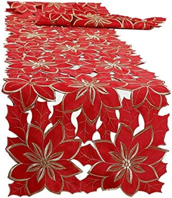 OWENIE Red Table Runner, ChristmasTable Runner with Metallic Embroidered Cutwork Poinsettia for Xmas | Amazon (US)