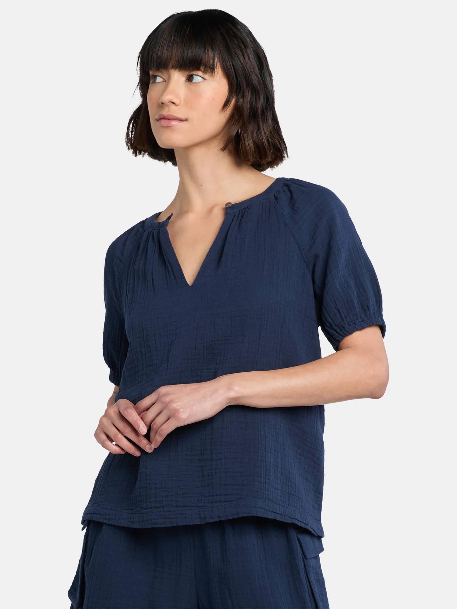 Time and Tru Women's Double Cloth Cotton Top with Short Sleeves, Sizes XS-XXXL | Walmart (US)