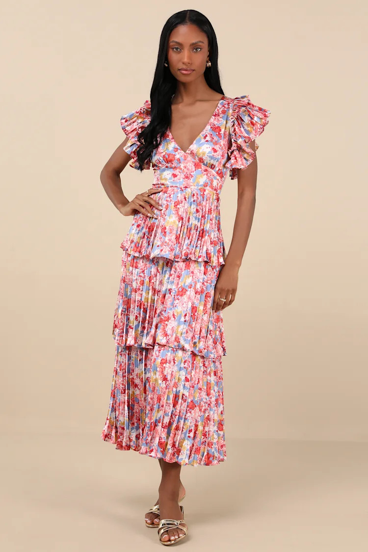Stunning Desire Multi Floral Satin Pleated Tiered Midi Dress | Lulus