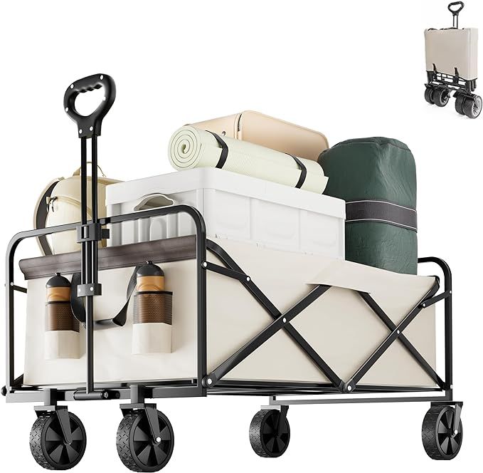 OGCAU Collapsible Foldable Wagon, Heavy Duty Beach Cart, Folding Wagon Portable, Beige Large Capa... | Amazon (US)