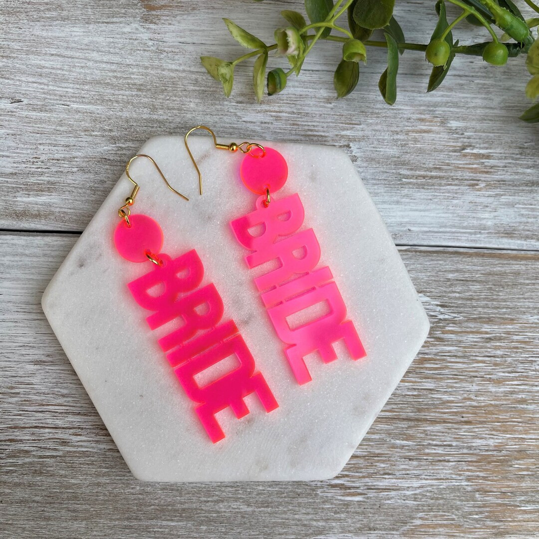 Bride Acrylic Neon Earrings | Fluorescent Red/pink Bride Earrings | Bachelorette Party - Etsy | Etsy (US)