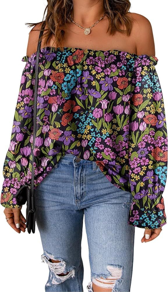 Spriolim Women's Off Shoulder Top Ruffle Long Sleeve Chiffon Blouse Casual Loose Shirts | Amazon (US)