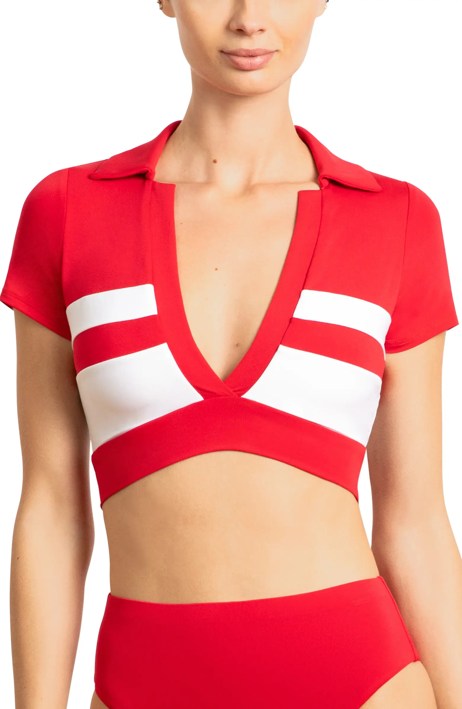 Robin Piccone Babe Stripe Short Sleeve Bikini Top | Nordstrom | Nordstrom