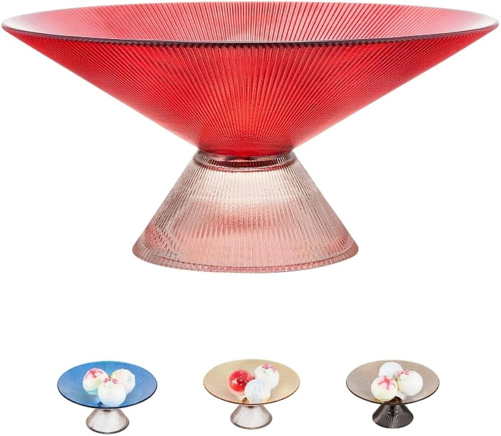Glass Fruit Bowl – 10” Red Decorative Bowl with Ripple Texture and Clear Pedestal Base – Wi... | Amazon (US)