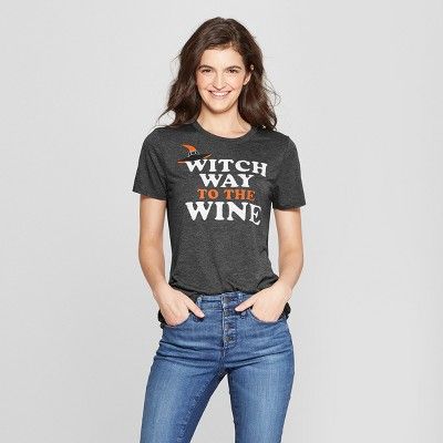 Women's Short Sleeve Witch Way to the Wine Graphic T-Shirt - Modern Lux Charcoal | Target