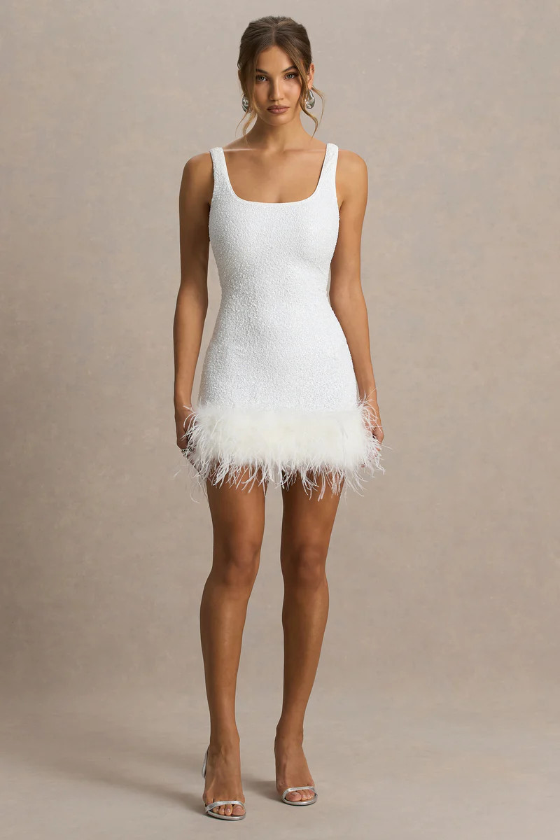 Rosalinda  White Sequin Square-Neck Mini Dress With Feather Trim | Club L London