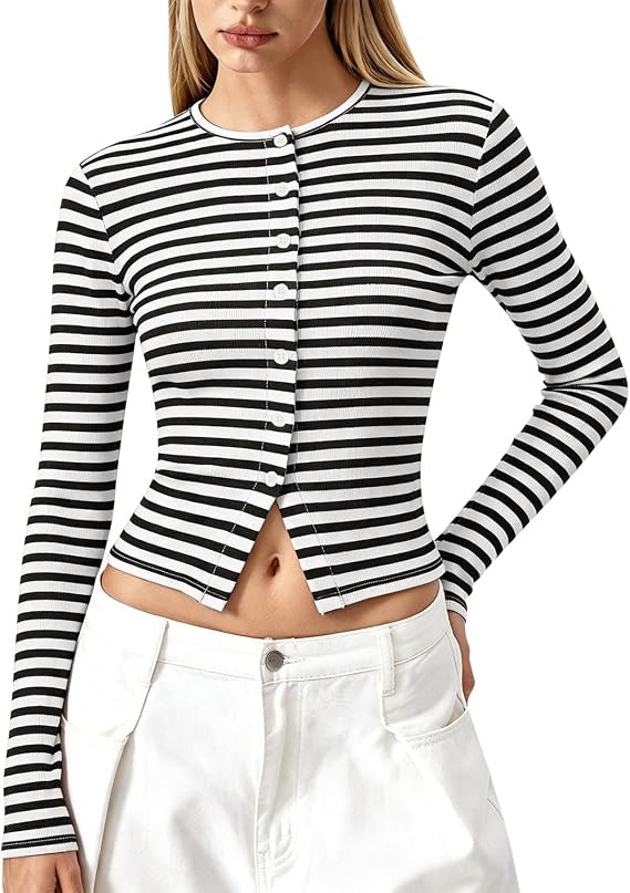 QINSEN Women's Long Sleeve Crewneck T Shirts Ribbed Button Crop Top Going Out Tops | Amazon (US)