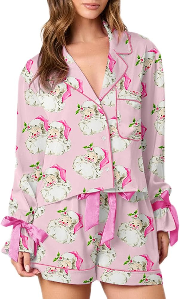 Juakoso Women Christmas Satin Pajama Set Bow Tie 2 Piece Pj Set Button Long Sleeve Tops Ruffle Sh... | Amazon (US)