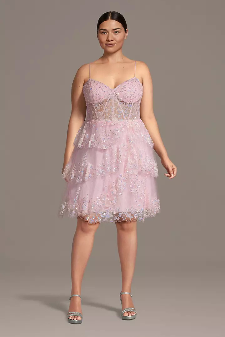 Glitter Sequin Lace Tiered Mini Dress | David's Bridal