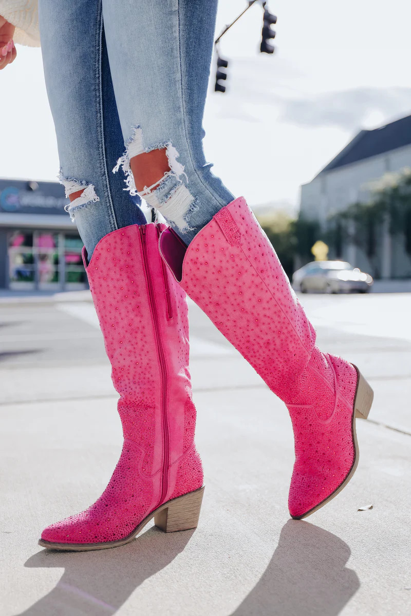 Steppin' Out Rhinestone Knee High Boot - Pink | Whiskey Darling Boutique
