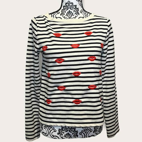Betsey Johnson Embroidered Kiss Lips Striped Sweater S Womens Pullover Stretch | eBay US