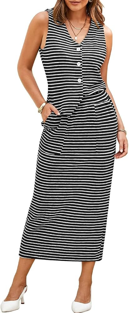 Pink Queen Women's 2 Piece Outfits Sleeveless V Neck Button Down Tank Tops Slit Midi Dress 2025 S... | Amazon (US)
