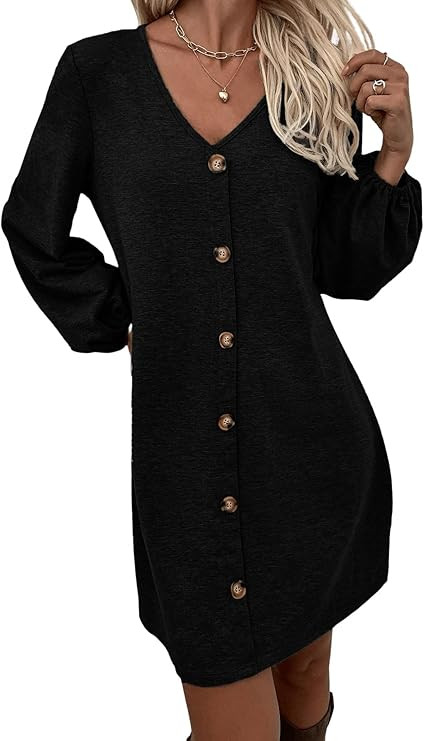 SweatyRocks Women's Lantern Sleeve V Neck Button Front Loose Casual Mini Dress | Amazon (US)