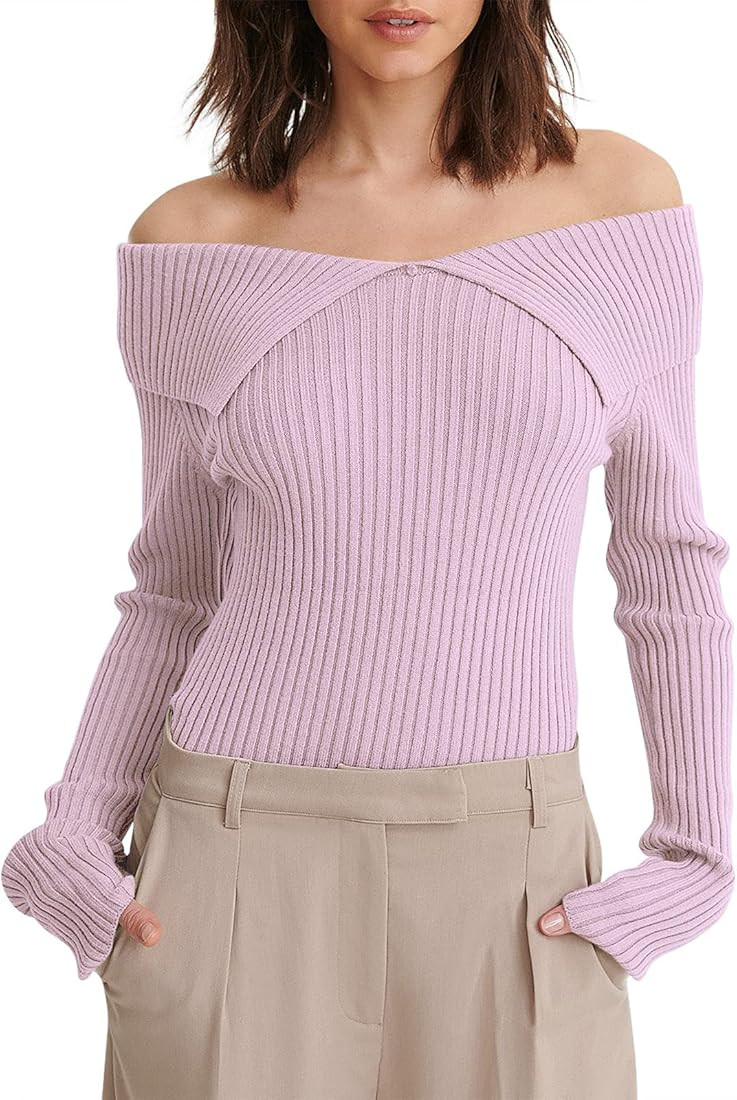 Caracilia Women's Off Shoulder Sweaters Casual Long Sleeve Ribbed Knit Solid Pullover Sweater Cro... | Amazon (US)