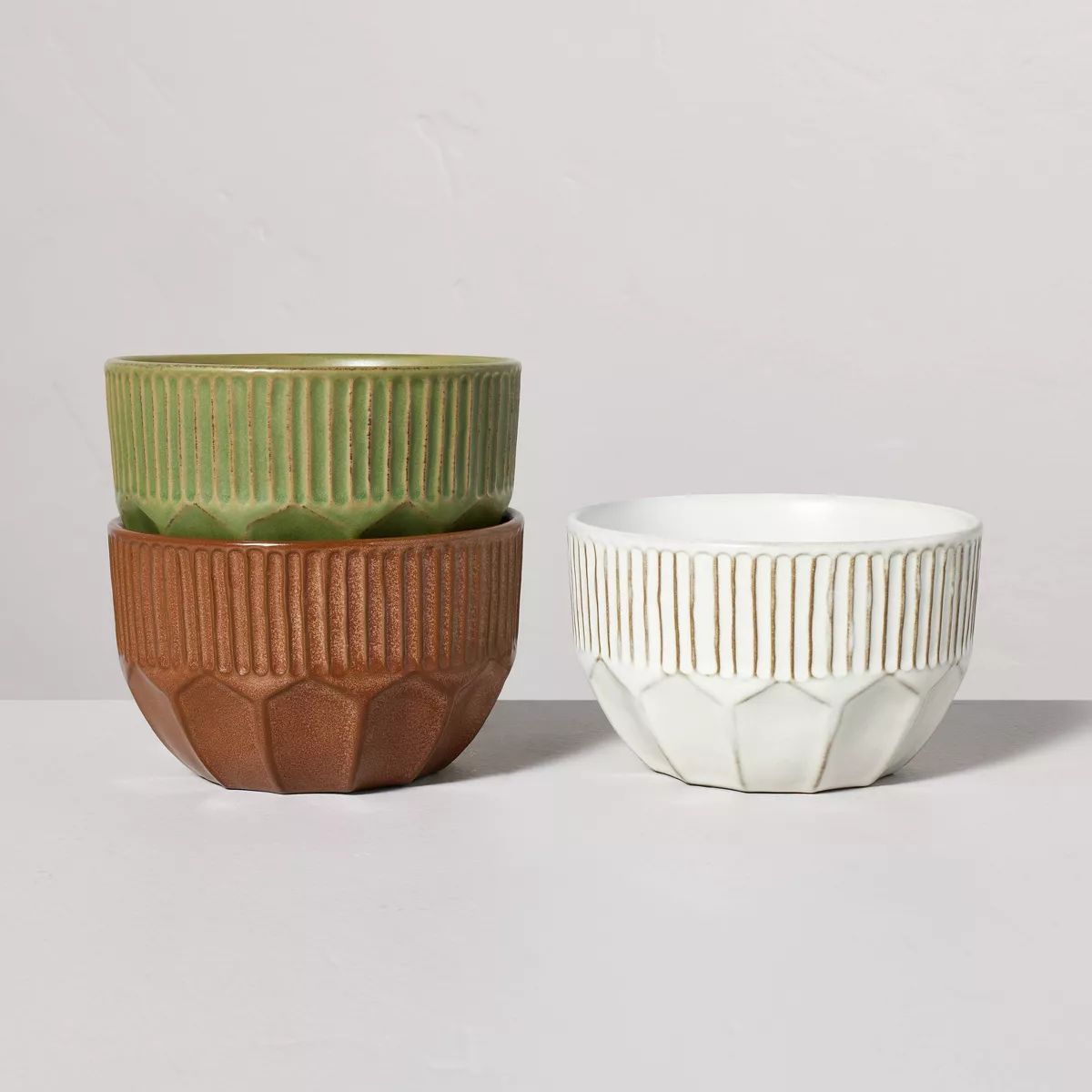 3pk 17oz Multi-Faceted Stoneware Mini Bowls Green/Brown/Cream - Hearth & Hand™ with Magnolia | Target