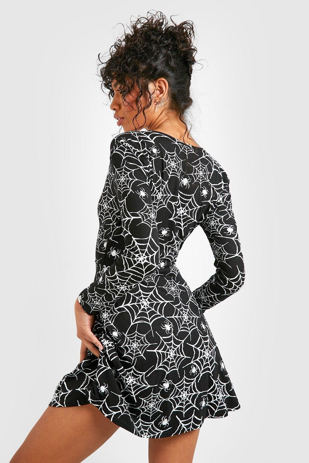 Halloween Cobweb Print Skater Dress | Boohoo.com (US & CA)