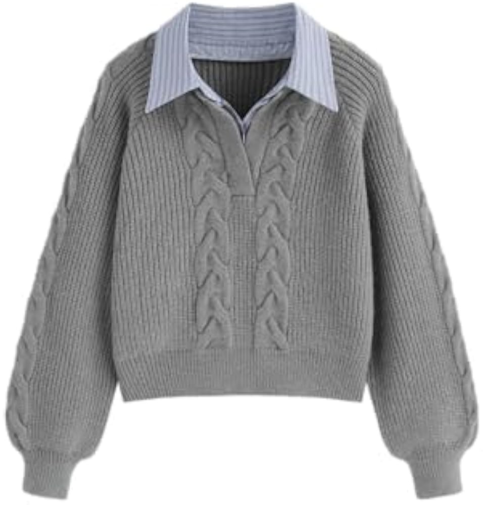 dsumvns Women's Chunky Cable Knit Shirt Lapel Sweater Fall Winter Fashion Warm Long Sleeve Pullov... | Amazon (US)