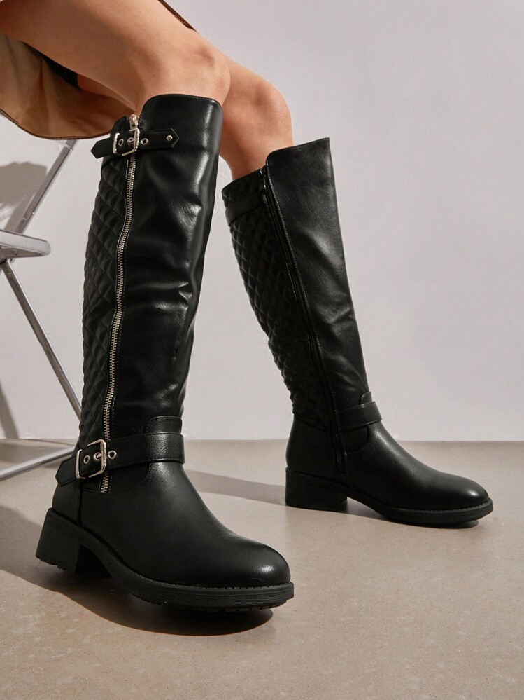 Women's Wide Calf Knee High Boots, Low Stacked Heel Riding Boots For Fall And Winter | SHEIN