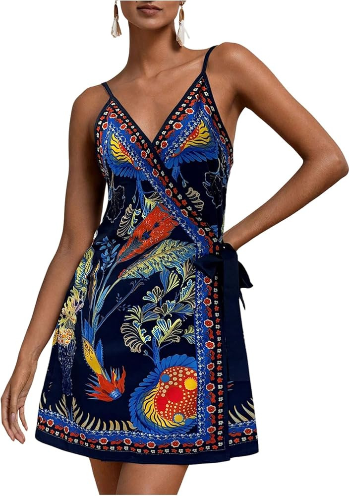RoseSeek Women's Tropical Print Cami Dress Sleeveless Wrap V Neck Tie Knot Boho Short Dresses | Amazon (US)