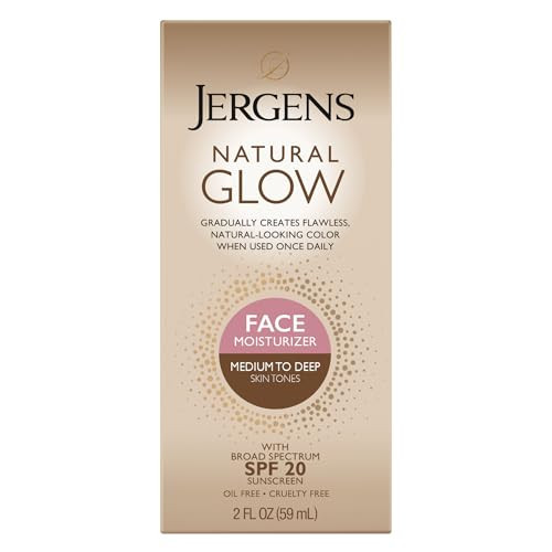 Jergens Natural Glow Self Tanner Face Moisturizer with SPF 20 Facial Sunscreen, Medium to Deep Skin Tone, Sunless Tanning, Oil Free, Broad Spectrum Protection UVA and UVB, 2 oz (Packaging May Vary) | Amazon (US)