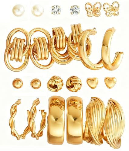 12 Pairs Gold Hoop Earrings for Women Trendy, Gold Plated Lightweight Dainty Classics Hypoallergenic Stack, Thick Open Twisted Huggie Hoops Earring Set | Amazon (US)