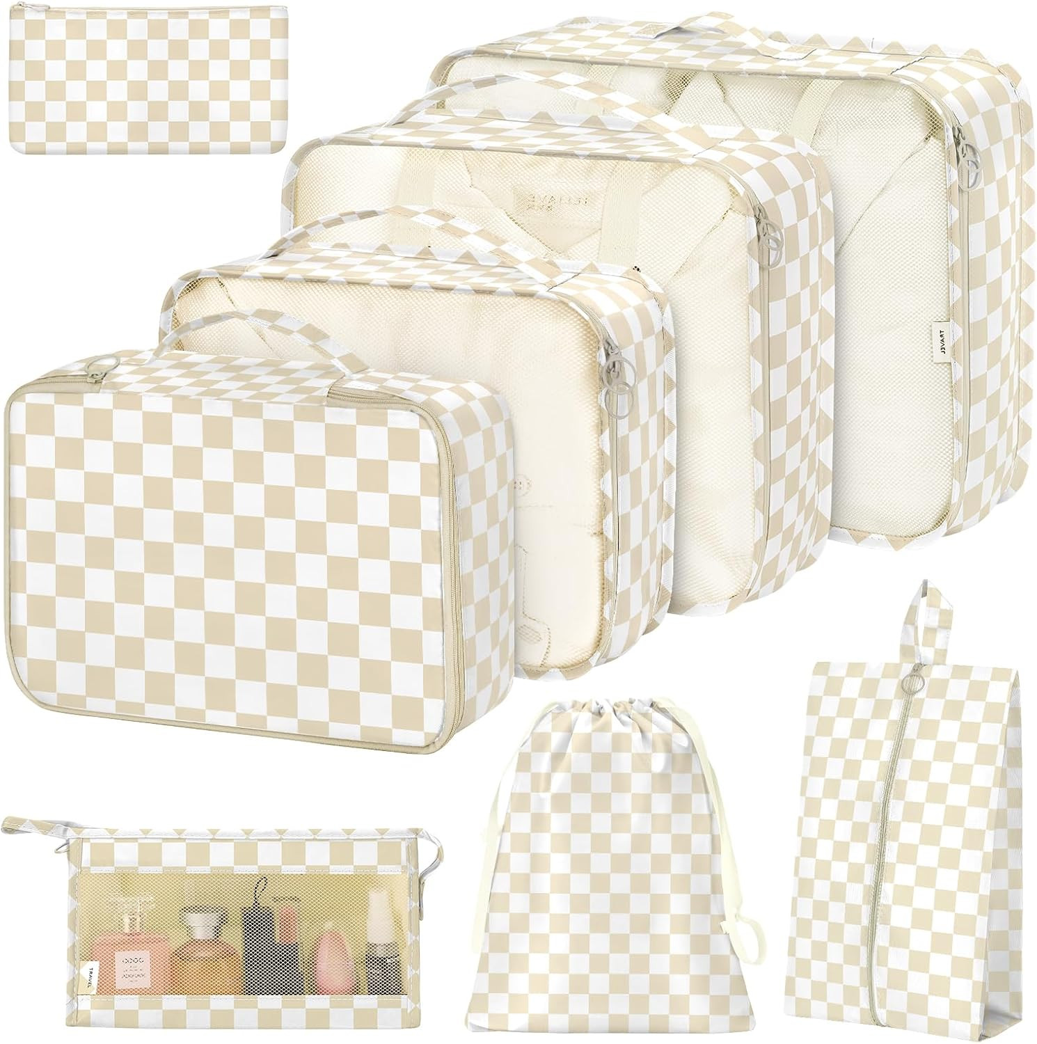 8 Set Packing Cubes for Suitcases,Packing Cube with Shoe, Cosmetics, Clothing, and Accessories Bags Packing Cubes for Travel Luggage Organizer Women Men(Khaki Checkered) | Amazon (US)