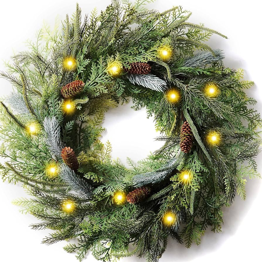 Decorbyhannah Christmas Wreath, 24 inch Prelit Collapsible Norfolk Pine Christmas Wreaths for Fro... | Amazon (US)