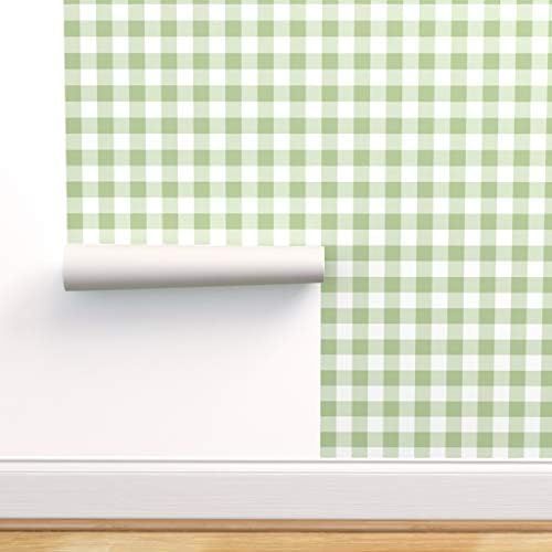 Spoonflower Pre-Pasted Removable Wallpaper, Plaid Green White Gingham Vintage Home Tartan Buffalo Ch | Amazon (US)