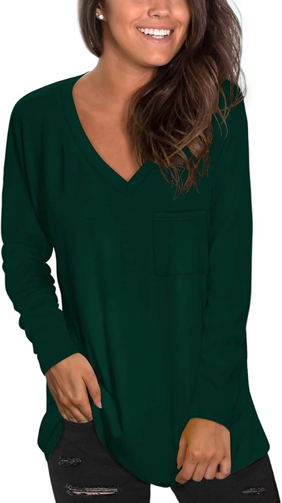 NSQTBA Womens Long Sleeve V Neck Tunic Tops Loose Casual Shirts with Pocket | Amazon (US)
