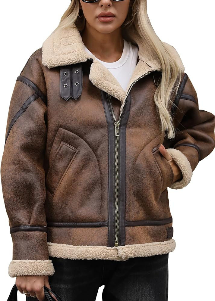 LY VAREY LIN Winter Women Faux Leather Jacket Sherpa Aviator Bomber Coat | Amazon (US)