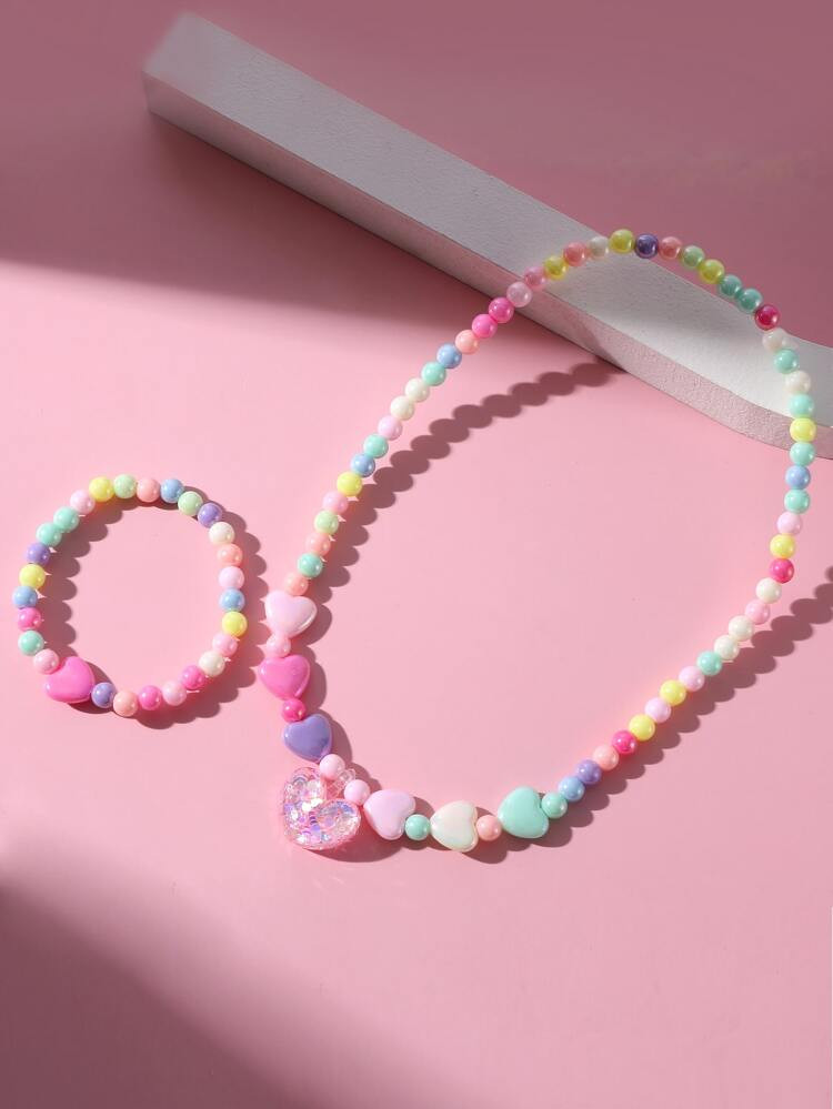 Girls Heart Charm Beaded Necklace & Bracelet | SHEIN