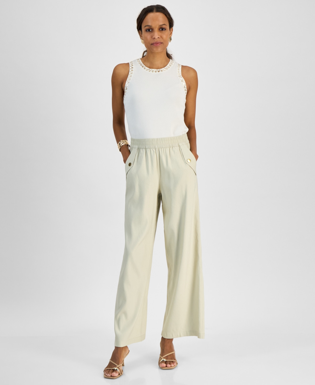I.n.c. International Concepts Petite Linen-Blend Wide-Leg Pull-On Pants, Exclusively at Macy's - Grain | Macy's