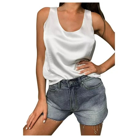 Tangnade Ladies Summer Casual Short Sleeve Womens Fashion Soild Satin Tank Tops Ladies Cami Swing Ve | Walmart (US)