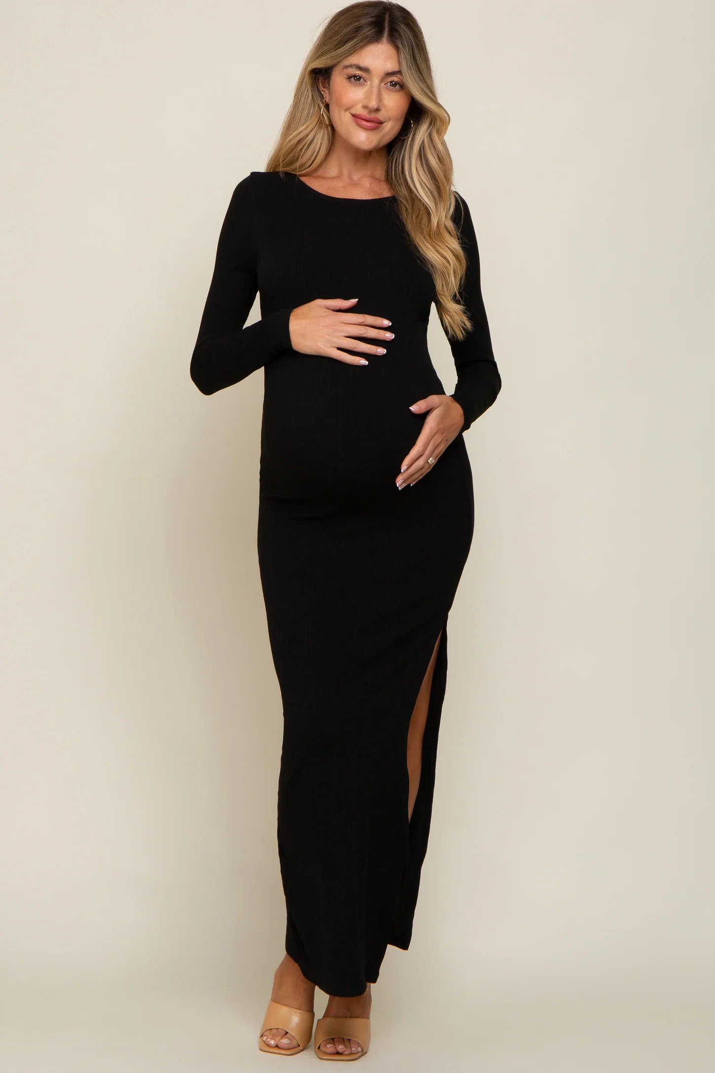 Black Ribbed Long Sleeve Side Slit Maternity Maxi Dress | PinkBlush Maternity
