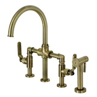Whitaker Double-Handle Deck Mount Gooseneck Bridge Kitchen Faucet with Brass Sprayer in Antique Brass | The Home Depot
