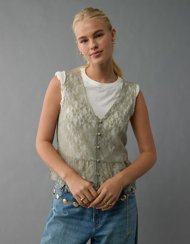 AE Lace Button-Up Vest | American Eagle Outfitters (US & CA)