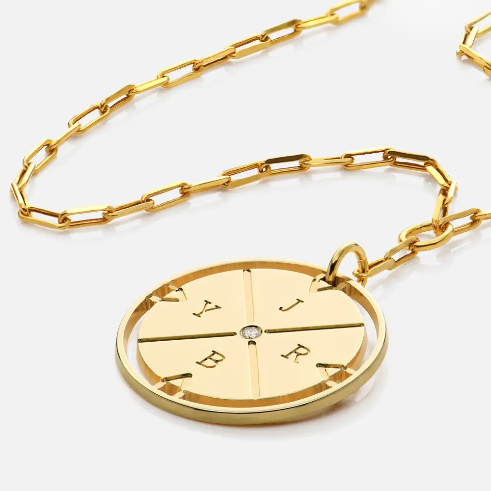 Engraved Compass Necklace with Diamond - 14k Solid Gold | Oak & Luna (US)