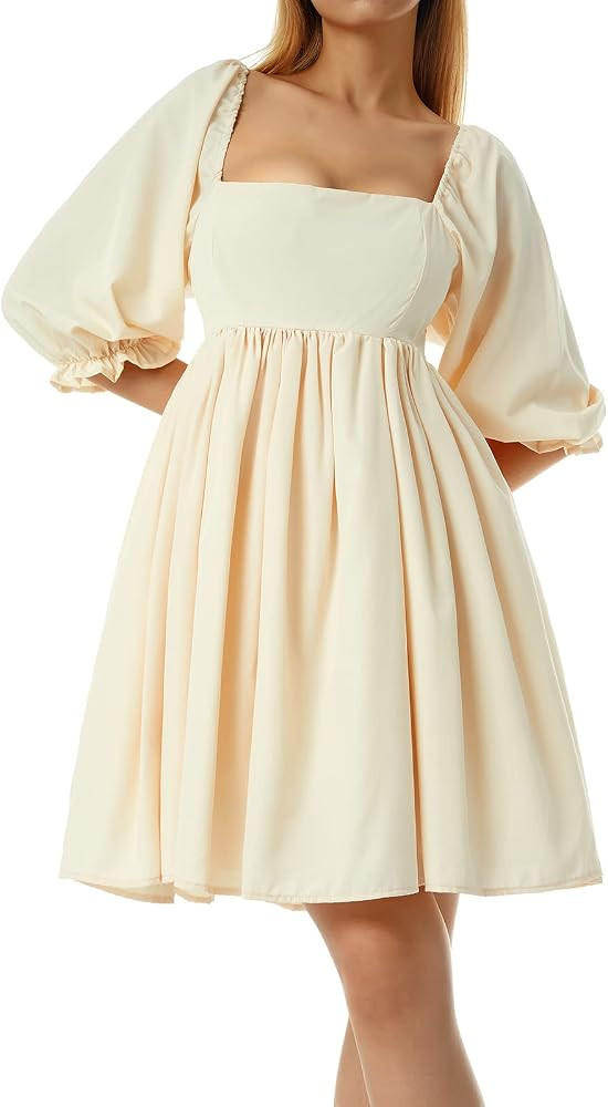 Women 3/4 Puff Sleeve Babydoll Dress Square Neck High Waist Ruffle A Line Flowy Casual Short Mini... | Amazon (US)