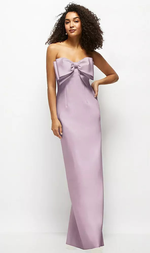 Strapless Satin Column Maxi Dress with Oversized Handcrafted Bow in Suede Rose | The Dessy Group