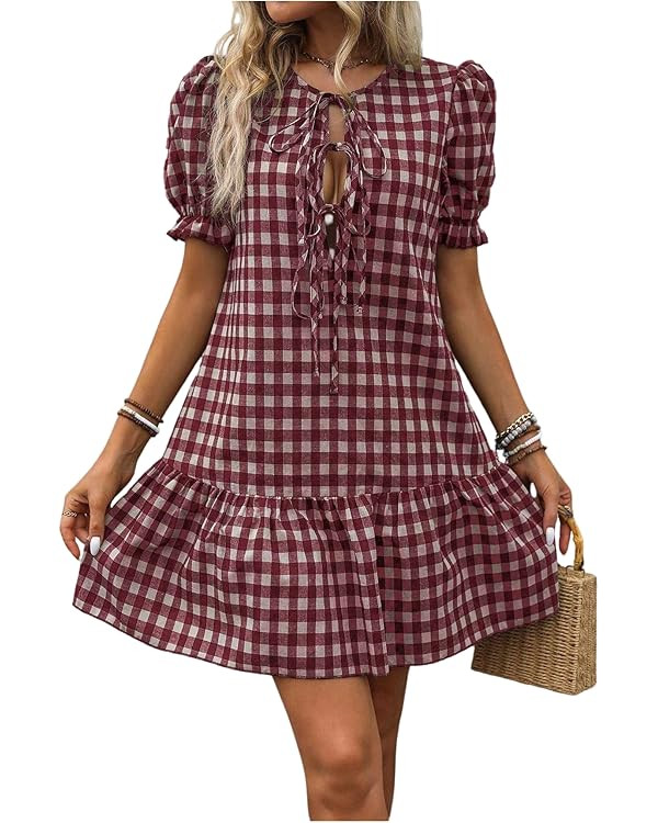 Floerns Women's Summer Puff Sleeve Gingham Ruffle Dress Tie Front Flared Short Dresses | Amazon (US)