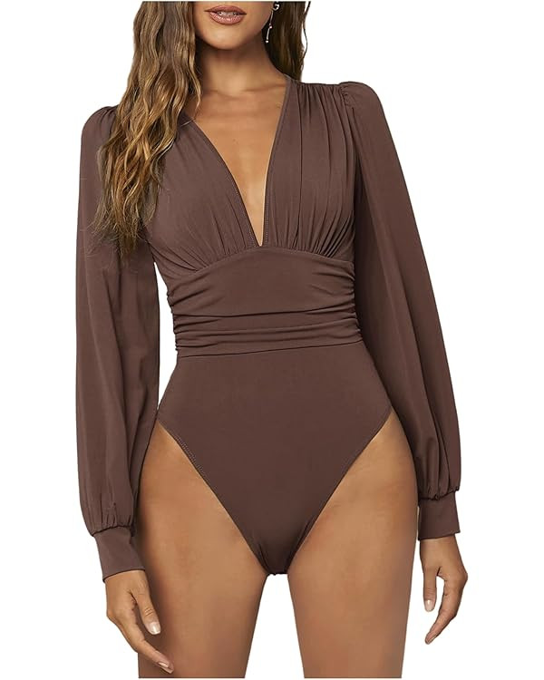 WDIRARA Women's Deep V Neck Ribbed Bodysuit Long Sleeve Skinny Bodycon Basic Bodysuit Tops | Amazon (US)