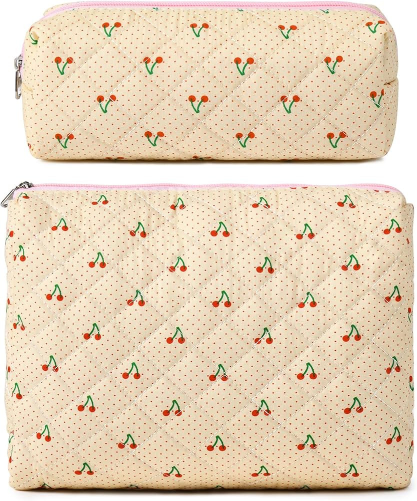2 Pcs Quilted Makeup Bag Cute Cosmetic Bag Cotton Large Travel Coquette Toiletry Puffer Bag Cherr... | Amazon (US)