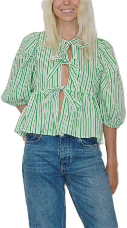 Women Y2k Peplum Shirt Puff Sleeve Tie Front Ruffle Hem Blouse Teen Girls Lace up Cute Babydoll S... | Amazon (US)